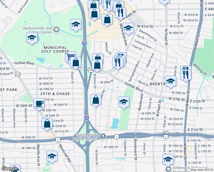 map of restaurants, bars, coffee shops, grocery stores, and more near 810 West 30th Street in Jacksonville