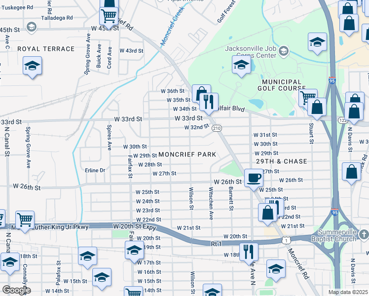 map of restaurants, bars, coffee shops, grocery stores, and more near 1581 West 30th Street in Jacksonville