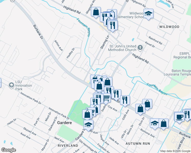 map of restaurants, bars, coffee shops, grocery stores, and more near 8219 Bayou Fountain Avenue in Baton Rouge