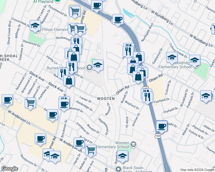 map of restaurants, bars, coffee shops, grocery stores, and more near 8504 Woodstone Drive in Austin