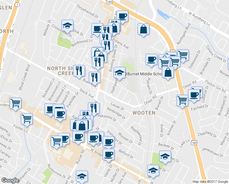 map of restaurants, bars, coffee shops, grocery stores, and more near 8311 Hathaway Drive in Austin