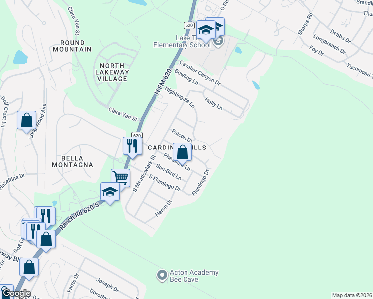 map of restaurants, bars, coffee shops, grocery stores, and more near 15200 North Flamingo Drive in Austin