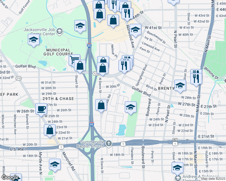 map of restaurants, bars, coffee shops, grocery stores, and more near 810 West 30th Street in Jacksonville
