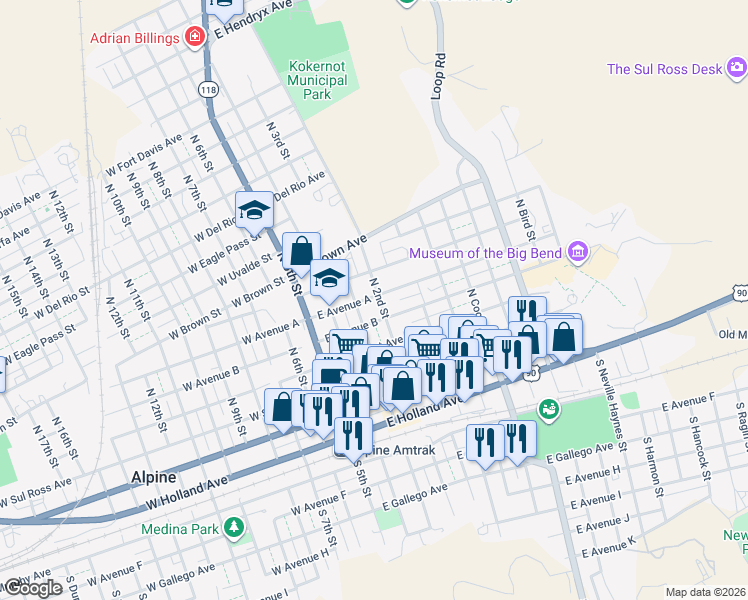 map of restaurants, bars, coffee shops, grocery stores, and more near 601 North 2nd Street in Alpine