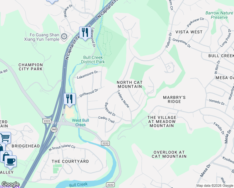 map of restaurants, bars, coffee shops, grocery stores, and more near 5314 Backtrail Drive in Austin