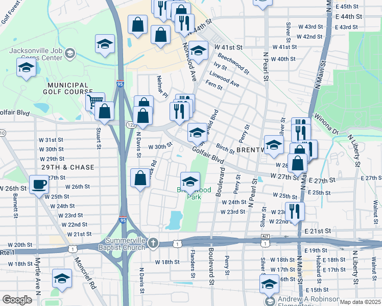 map of restaurants, bars, coffee shops, grocery stores, and more near 3750 Springfield Boulevard in Jacksonville