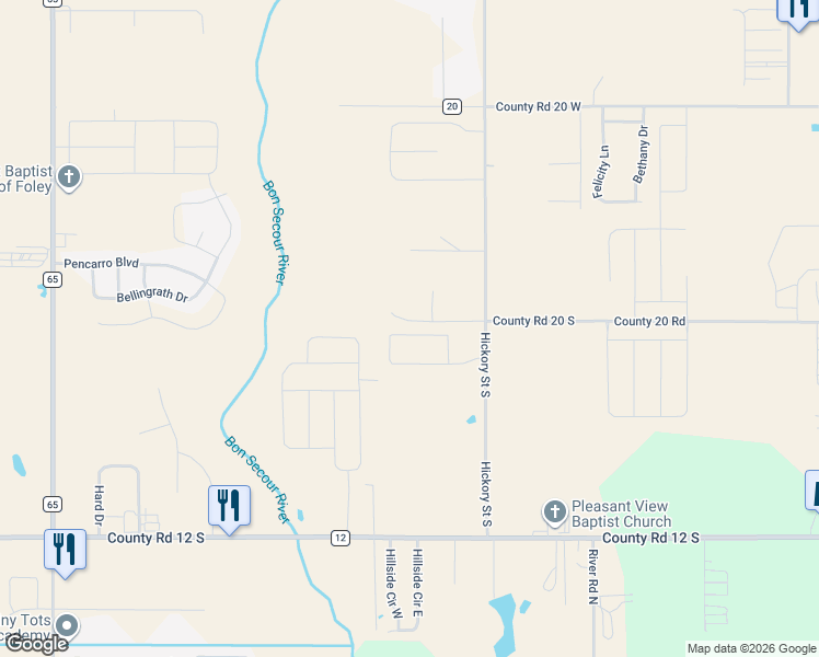 map of restaurants, bars, coffee shops, grocery stores, and more near 1150 Crown Walk Drive in Foley