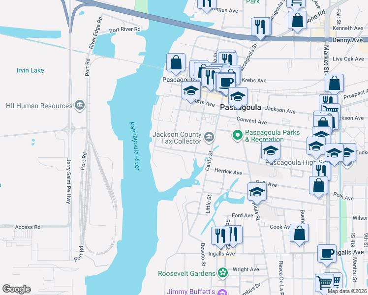 map of restaurants, bars, coffee shops, grocery stores, and more near 307 Dupont Ave in Pascagoula