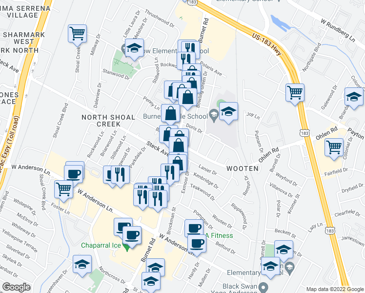 map of restaurants, bars, coffee shops, grocery stores, and more near 8302 Bowling Green Drive in Austin