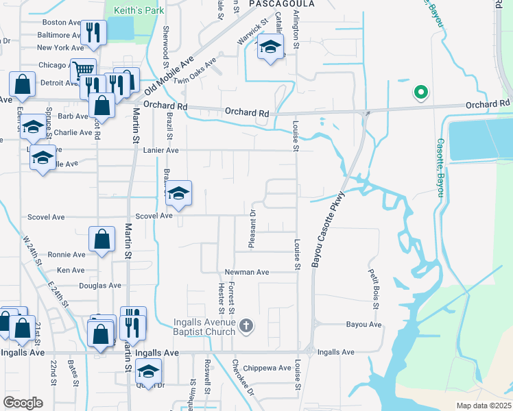 map of restaurants, bars, coffee shops, grocery stores, and more near 2711 Pleasant Drive in Pascagoula