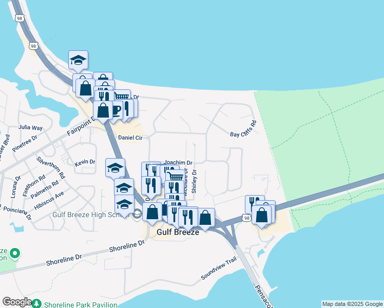 map of restaurants, bars, coffee shops, grocery stores, and more near 204 Shirley Drive in Gulf Breeze