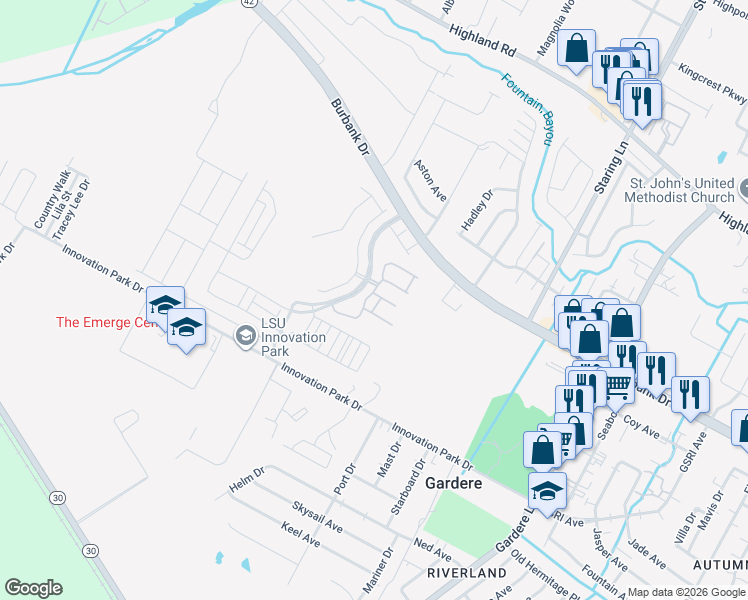 map of restaurants, bars, coffee shops, grocery stores, and more near 8000 Stonelake Avenue in Baton Rouge