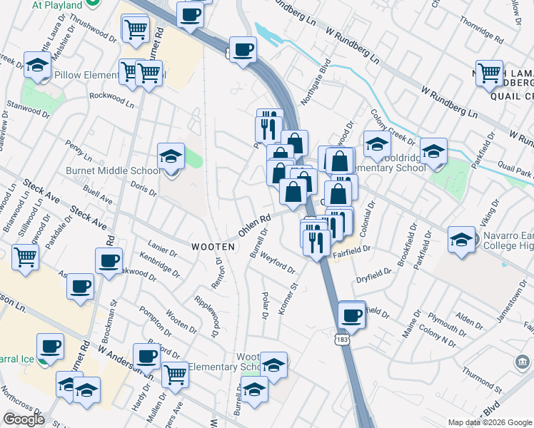 map of restaurants, bars, coffee shops, grocery stores, and more near 8505 Spearman Drive in Austin