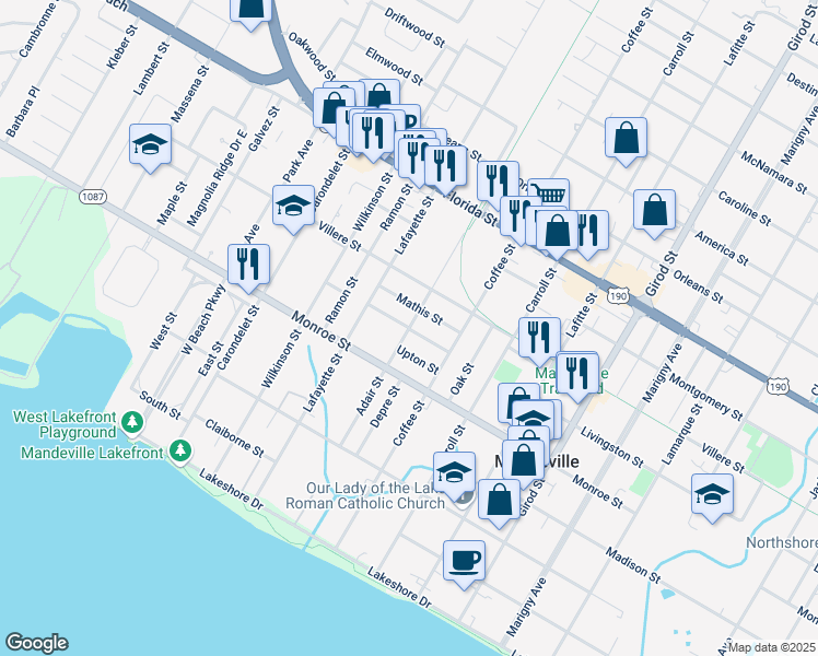 map of restaurants, bars, coffee shops, grocery stores, and more near 2401 Livingston Street in Mandeville