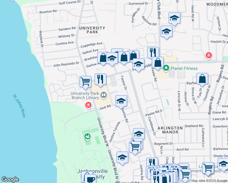 map of restaurants, bars, coffee shops, grocery stores, and more near 5670 George Court in Jacksonville
