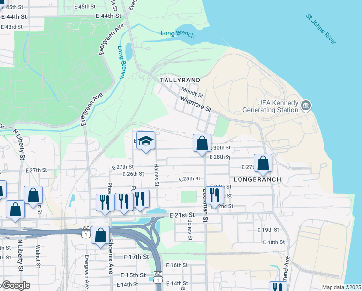 map of restaurants, bars, coffee shops, grocery stores, and more near 1517 East 30th Street in Jacksonville