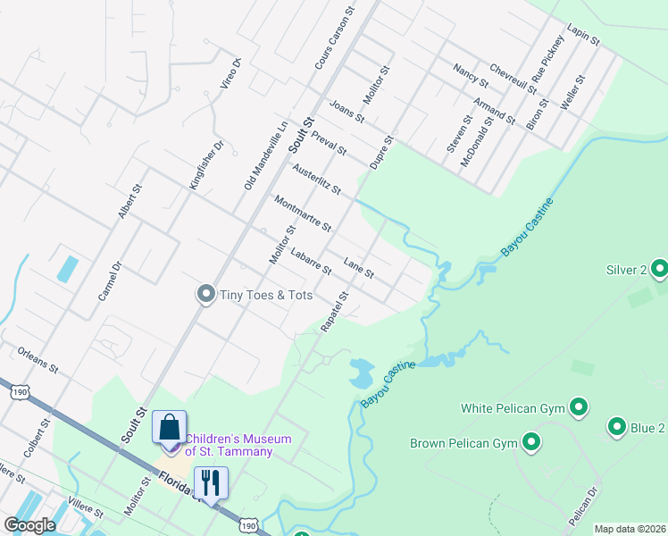 map of restaurants, bars, coffee shops, grocery stores, and more near 770 Lane Street in Mandeville