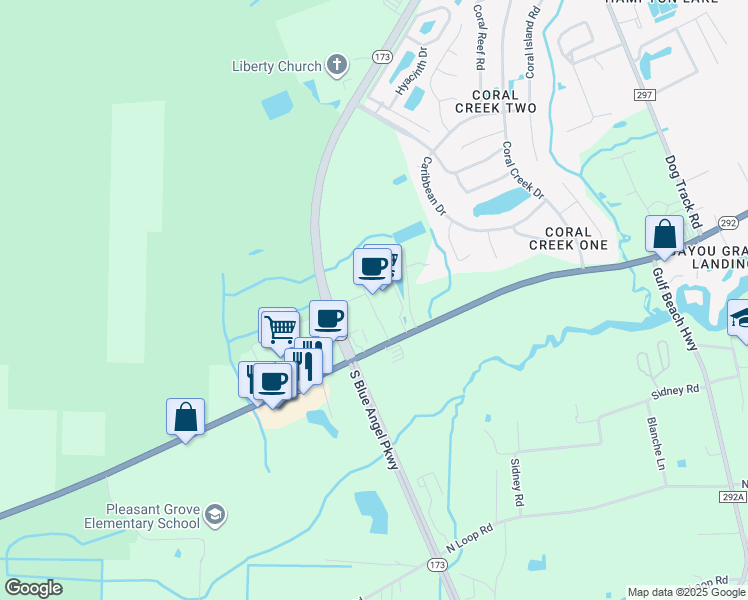 map of restaurants, bars, coffee shops, grocery stores, and more near 2950 South Blue Angel Parkway in Pensacola