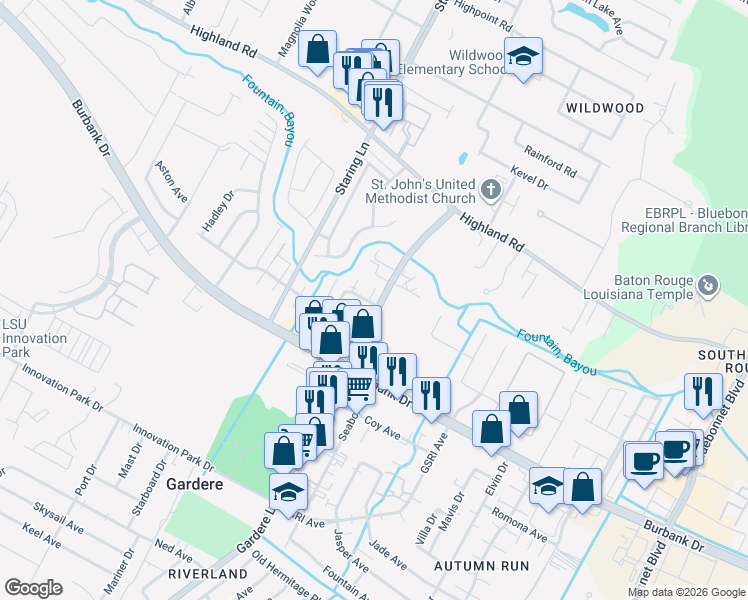 map of restaurants, bars, coffee shops, grocery stores, and more near 8262 Governor Drive in Baton Rouge
