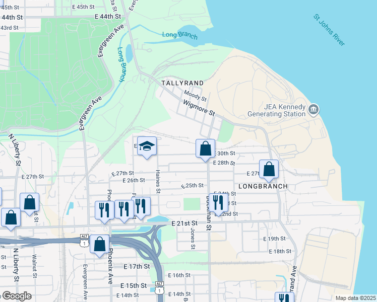 map of restaurants, bars, coffee shops, grocery stores, and more near 1517 East 30th Street in Jacksonville