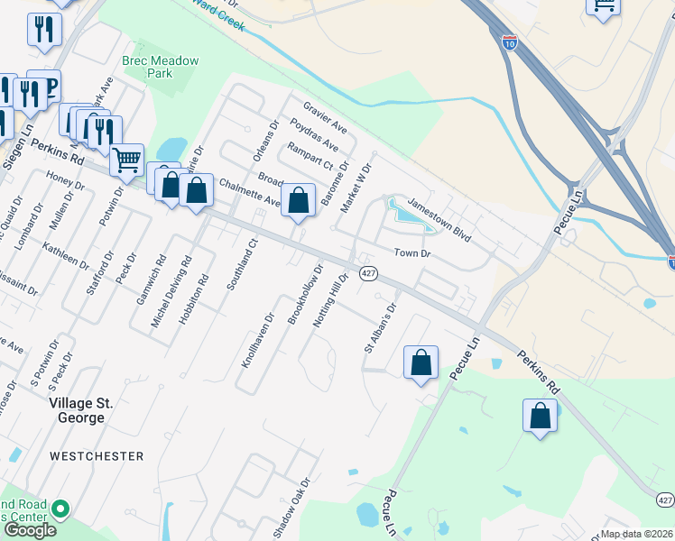 map of restaurants, bars, coffee shops, grocery stores, and more near 1631 Notting Hill Drive in Baton Rouge