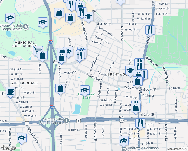 map of restaurants, bars, coffee shops, grocery stores, and more near 3820 Laurie Street in Jacksonville