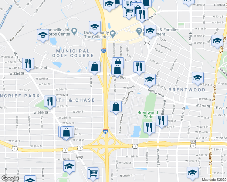map of restaurants, bars, coffee shops, grocery stores, and more near 3924 North Davis Street in Jacksonville