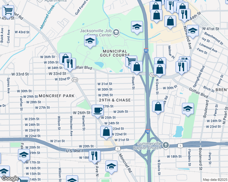 map of restaurants, bars, coffee shops, grocery stores, and more near 1195 West 30th Street in Jacksonville