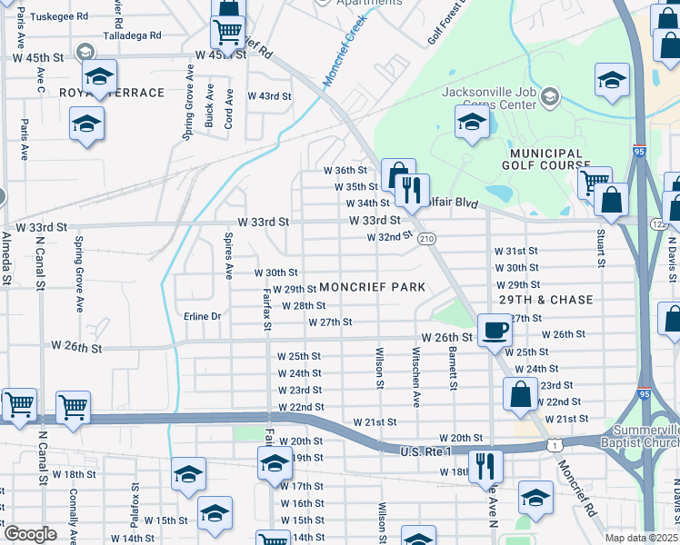 map of restaurants, bars, coffee shops, grocery stores, and more near 1581 West 30th Street in Jacksonville
