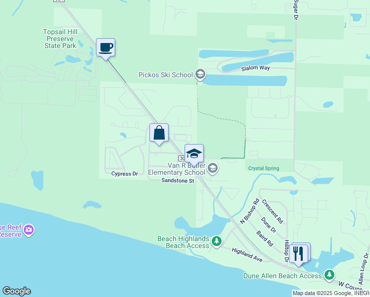 map of restaurants, bars, coffee shops, grocery stores, and more near 119 Topsail Village Drive in Santa Rosa Beach