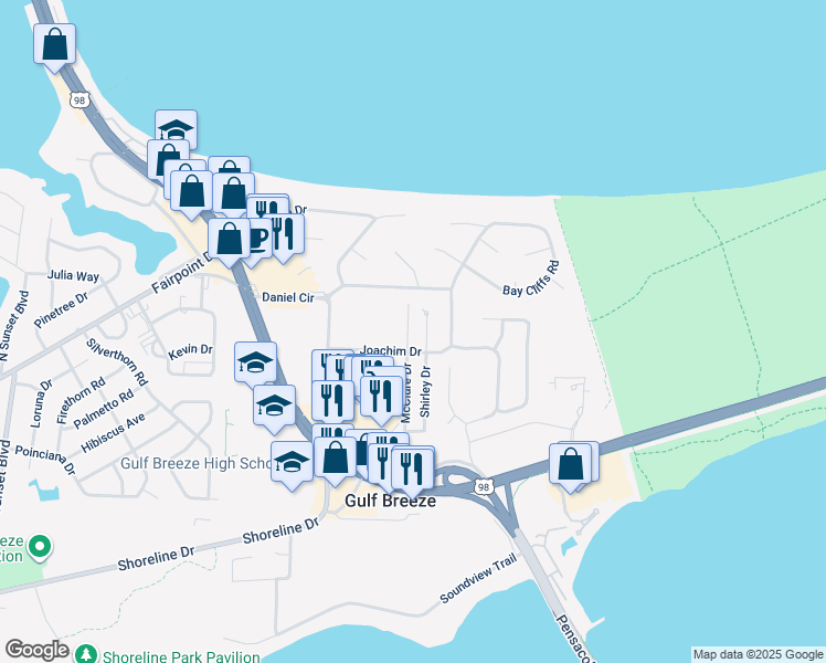 map of restaurants, bars, coffee shops, grocery stores, and more near 204 McClure Drive in Gulf Breeze