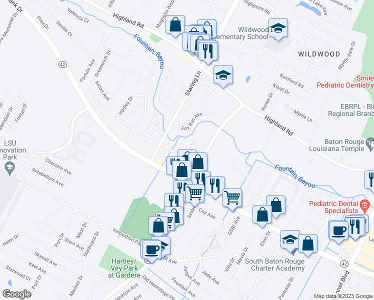 map of restaurants, bars, coffee shops, grocery stores, and more near 8262 Governor Drive in Baton Rouge