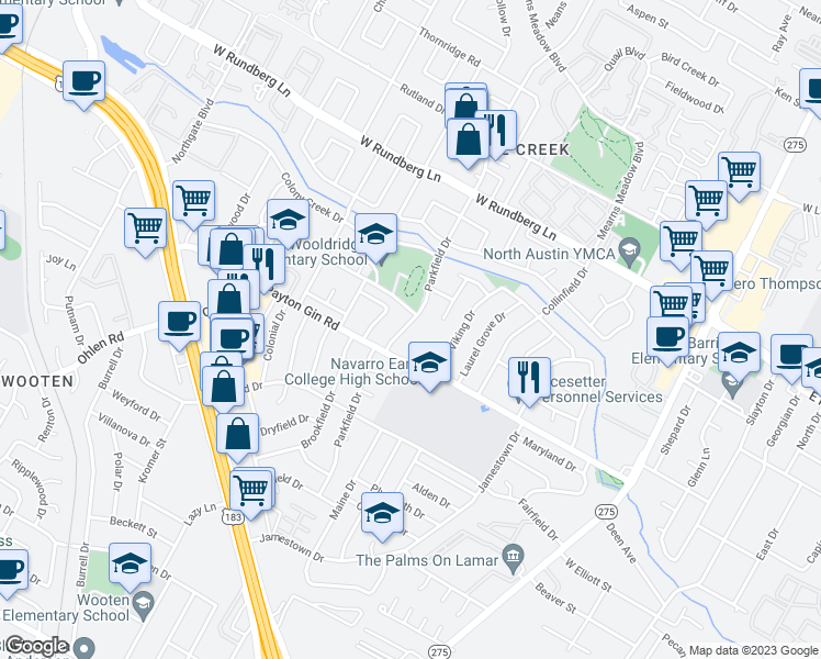 map of restaurants, bars, coffee shops, grocery stores, and more near 8909 Parkfield Drive in Austin