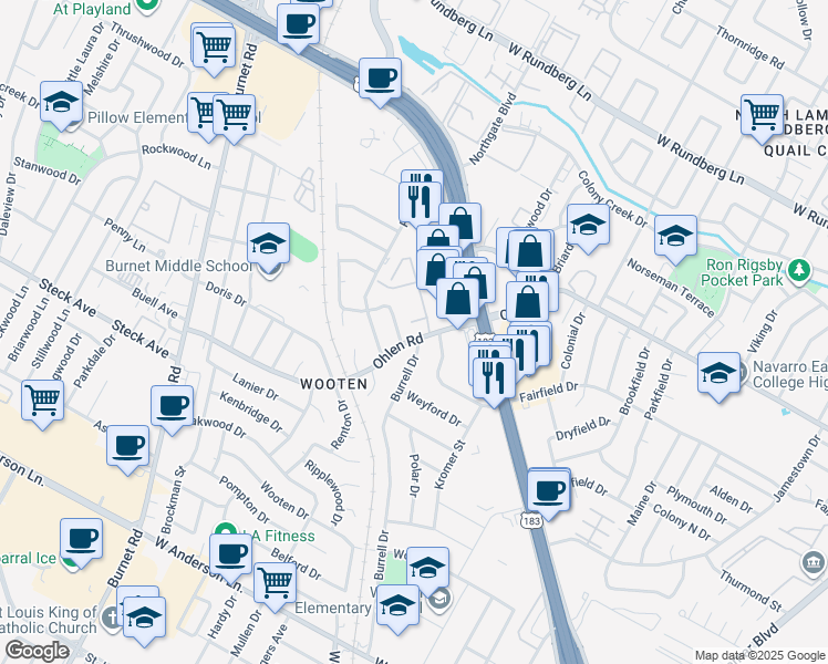 map of restaurants, bars, coffee shops, grocery stores, and more near 8505 Spearman Drive in Austin