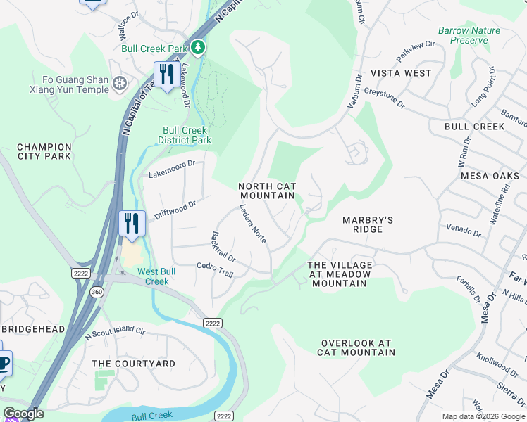 map of restaurants, bars, coffee shops, grocery stores, and more near 6527 Ladera Norte in Austin