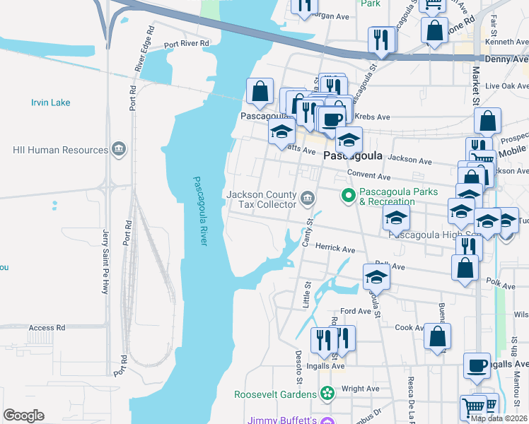 map of restaurants, bars, coffee shops, grocery stores, and more near 307 Dupont Avenue in Pascagoula