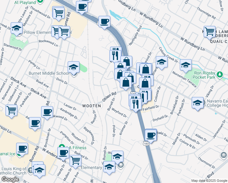 map of restaurants, bars, coffee shops, grocery stores, and more near 8505 Spearman Drive in Austin