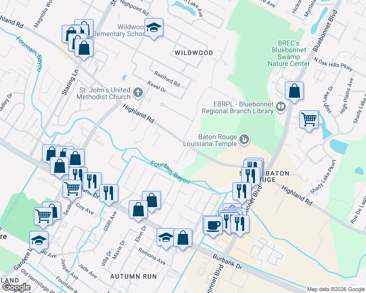 map of restaurants, bars, coffee shops, grocery stores, and more near 9880 Highland Road in Baton Rouge