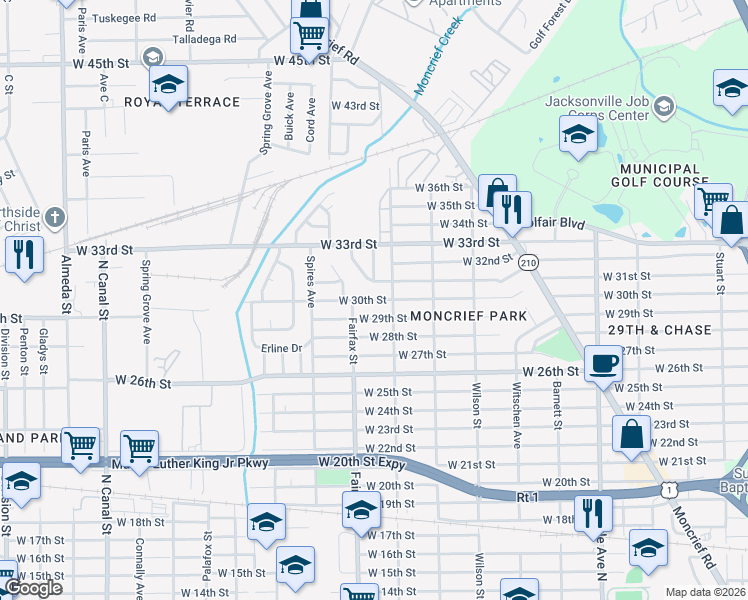 map of restaurants, bars, coffee shops, grocery stores, and more near 1725 West 30th Street in Jacksonville