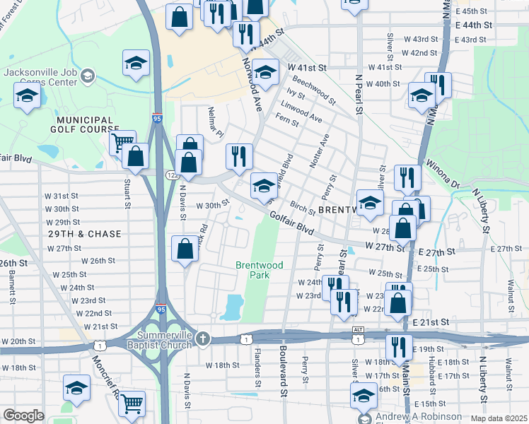 map of restaurants, bars, coffee shops, grocery stores, and more near 3750 Springfield Boulevard in Jacksonville