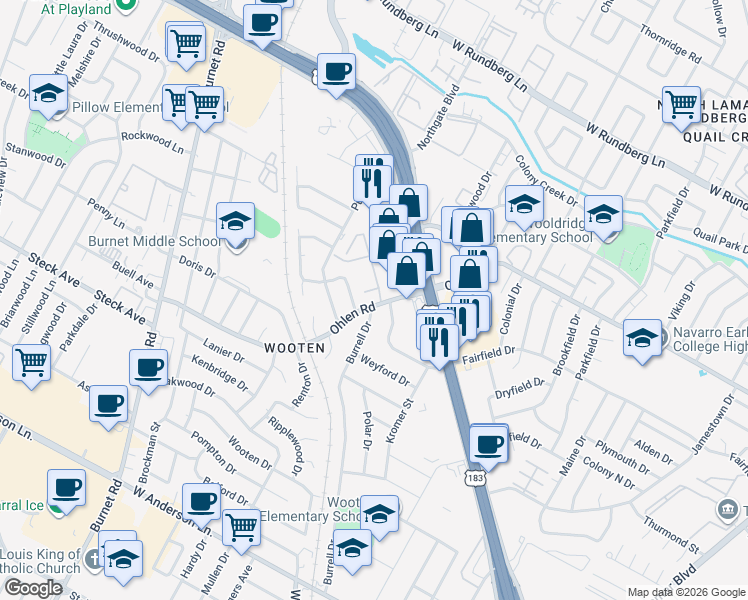 map of restaurants, bars, coffee shops, grocery stores, and more near 8505 Spearman Drive in Austin