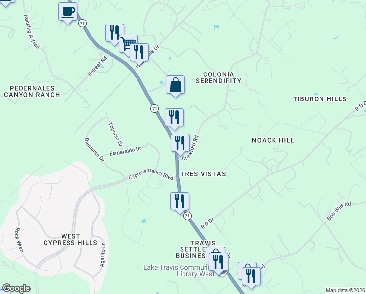 map of restaurants, bars, coffee shops, grocery stores, and more near 21732 State Highway 71 in Spicewood