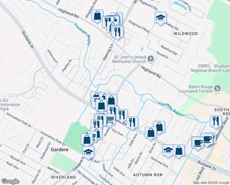 map of restaurants, bars, coffee shops, grocery stores, and more near 8457 Governor Drive in Baton Rouge