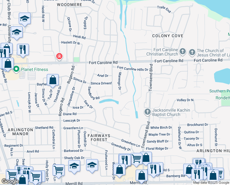 map of restaurants, bars, coffee shops, grocery stores, and more near 3511 Hermitage Road East in Jacksonville