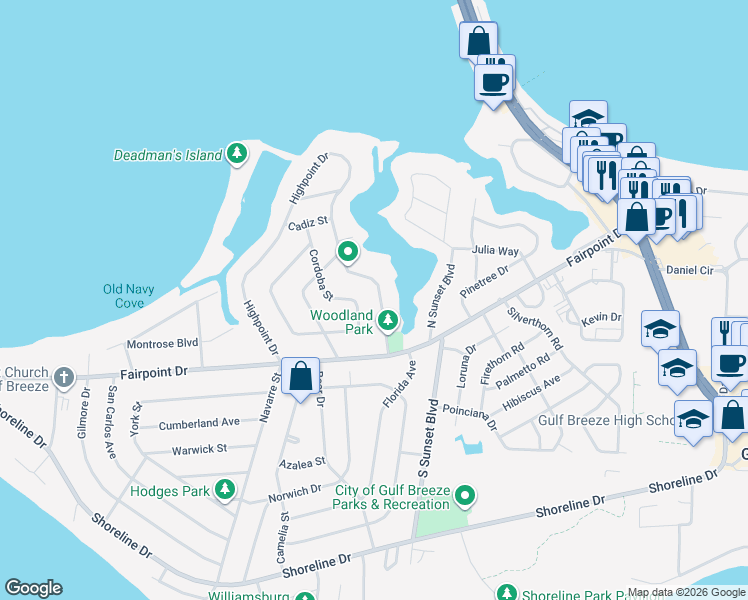 map of restaurants, bars, coffee shops, grocery stores, and more near 13 Highpoint Drive in Gulf Breeze