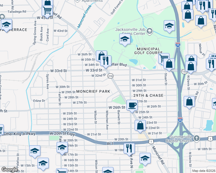 map of restaurants, bars, coffee shops, grocery stores, and more near 1460 West 30th Street in Jacksonville
