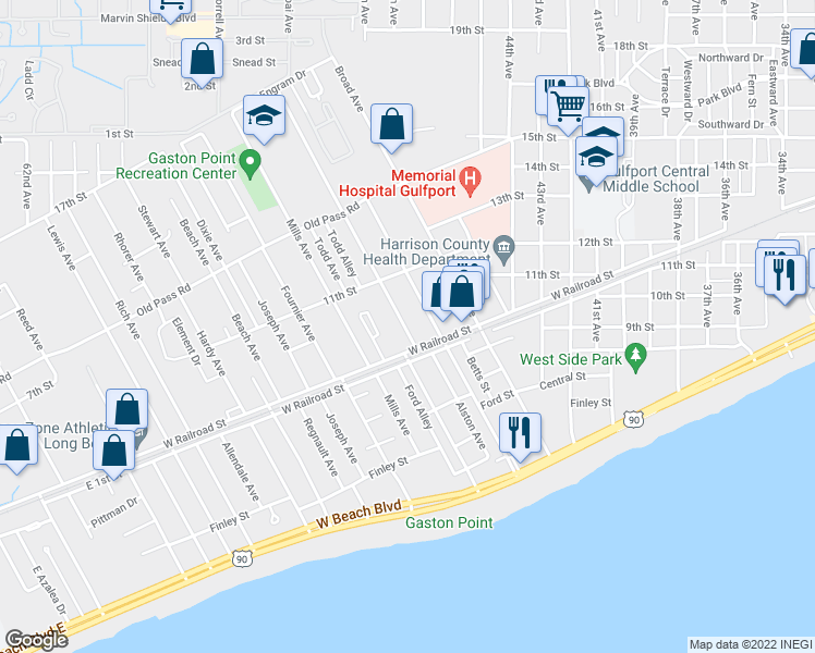 map of restaurants, bars, coffee shops, grocery stores, and more near 1018 Woodward Avenue in Gulfport