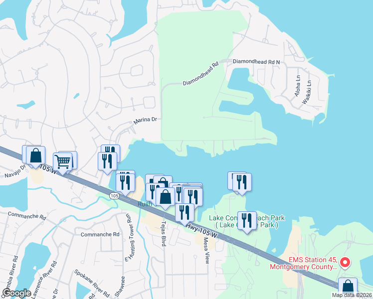 map of restaurants, bars, coffee shops, grocery stores, and more near 21 Key Harbour in Montgomery