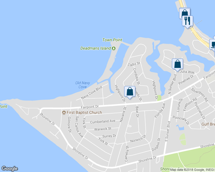 map of restaurants, bars, coffee shops, grocery stores, and more near 397 Navy Cove Boulevard in Gulf Breeze