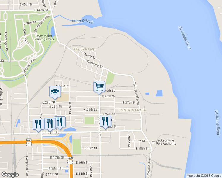 map of restaurants, bars, coffee shops, grocery stores, and more near 1771 East 30th Street in Jacksonville
